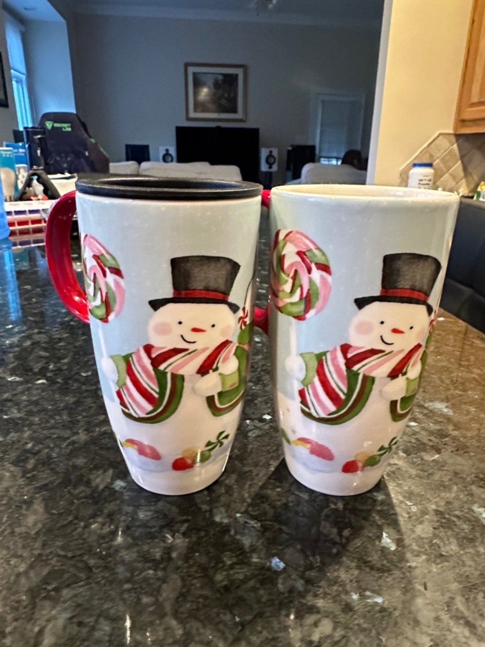 Festive Snowman Ceramic Travel Mug Pair - Red & Green Holiday Design